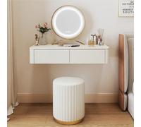 USFJATI Wall Mount Dressing Table with Lights Mirror Small Makeup Vanity Table with 2 Drawers Modern White Makeup Vanity Table with Cushioned Stool Gifts for Her(70x40x18cm/27.5 * 15.7 * 7in)