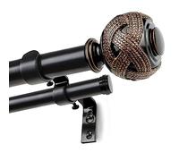 USFOOK 1 Inch Double Curtain Rods 36 to 72 Inches (3 to 6 ft), USFOOK Black Drapery Rods for Windows 24 to 68 Inches, Telescoping Dual Curtain Rod with Woven Leaf Finials