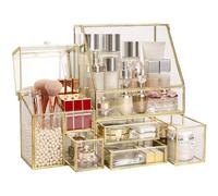 UShioart Large Glass Makeup Organizer Drawer Set Beauty Storage Bathroom Counter Organizer Cosmetic Display with Pearl (16in)