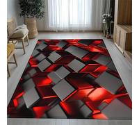 USHIRUG 3D Illusion Area Rugs, 70x140cm Abstract Geometric Hexagonal Grid Non-Slip And Washable Rugs, Cool Black and Red Grid Soft Durable Mats for Living Room, Bedroom, and Dining Room