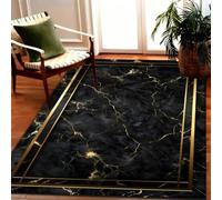 USHIRUG Black and Gold Marble Area Rug, 140x200cm Modern Abstract Fluid Art Non-Slip Floor Carpet for Living Room, Luxury Gold Foil Geometric Border Washable Rug for Lounge Bedroom Office Decor