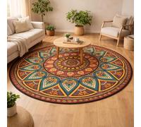 USHIRUG Bohemian Round Rug,90cm Mandala Floral Abstract Geometric Print Rug, Soft, Non-Slip, Washable Circle Mat, Colorful Striped Rugs, Carpet for Living Room, Bedroom, Entrance Floor Decoration