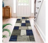 USHIRUG Carpet Runner for Hallway,60x180cm, Grey and Blue Geometric Trellis Floor Door Mat, Non Slip Machine Washable Kitchen Area Rug, Contemporary Indoor Runner for Hallway Entryway Laundry Room