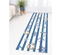 USHIRUG Cartoon Ocean Runner Rug,60x120cm,Blue And White Plaid Ship Compass Nautical Theme Entryway Rugs, Cute Kids Room Decor Floor Mat, Non-Slip Washable Ocean Area Rugs for Boys and Girls Room