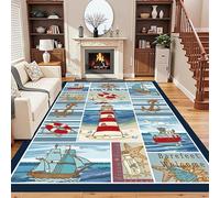 USHIRUG Cute Cartoon Ocean Rug,70x140cm, Ocean Nautical Theme Ship Lighthouse Pattern Rugs, Blue Rugs With Starfish Conch Drift Bottles Printed Floor Mat, Soft Washable Carpet for Bedroom Playroom