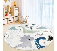 USHIRUG Cute Dinosaur Round Area Rug, 100cm Abstract Graffiti Cartoon Tyrannosaurus Rex Volcano Design, Creative Kid Play Rug, Non-Slip Plush Fluffy Soft Round Floor Mats for Boys Girls Teenagers