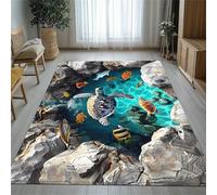 USHIRUG Illusion Rugs for Bedroom, 160x200cm，Rock Cliff Marine Life Turtle Fish School Printed Carpet Mat, Soft Durable Indoor Carpet for Living Room, Study, Dormitory, Office, Bathroom