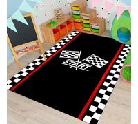 USHIRUG Kids Racetrack Area Rug, 140x200cm Cartoon Car Racing Game Washable Rugs, Indoor Non-Slip Low-Pile Carpet, Boy's Room Playroom Mat Soft Black and White Car Rugs for Living Rooms Bedrooms