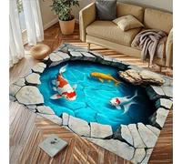 USHIRUG Koi Fish Area Rug, 60x110cm，3D Illusion Rock Cracks Pond Underwater Animals Fish Printed Rugs, Non-slip Washable Pet and Child Friendly Carpet for Living Room, Bedroom, Game room