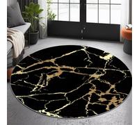 USHIRUG Modern Exquisite Marble Round Rug, 4ft Black and Gold Non-Slip Washable Rugs, Soft Flannel Low-Pile Rugs, Luxurious Stylish Artistic Abstract Carpet for Entrance Hall, Living Room, Dormitory