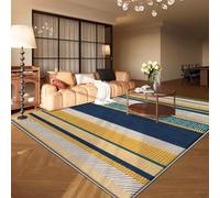 USHIRUG Modern Striped Area Rug, 70x140cm Navy Blue and Mustard Yellow Rug, Colourful Block Pattern Carpet, Large Decorative Washable Rug Multi-Colour Geometric Carpet for Living Room Bedroom Lounge
