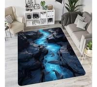 USHIRUG Optical Illusion Area Rug, 80x150cm，3D Printed Black Rocks Blue River Natural Landscape Living Room Carpet, Washable Non-slip Absorbent Indoor Carpet for Entrance, Bedside Home Decor