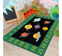 USHIRUG Starry Sky Area Rug, 120x180cm Soft Washable Rug With Galaxy, Space, and Colorful Planet Pattern Carpet, Green Checkered Number Border Educational Play Mat for Boys' Bedrooms Playrooms
