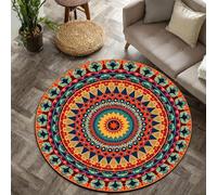 USHIRUG Washable Round Rug,100cm Mandala Vintage Circle Rug, Vintage Floral Bohemian Area Rugs, Soft and Shedding Carpet, Non-Slip Thin and Easy-To-Clean Mat for Entry, Kitchen, Office