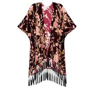 USHOWHEY Burnout Velvet Kimono Cardigan for Women with Tassels, Elegant flower pattern,1 Size Fits All,Labor Day Shawl, Deep Red, One Size