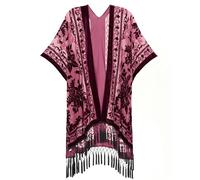 USHOWHEY Burnout Velvet Kimono Cardigan for Women with Tassels, Elegant flower pattern,1 Size Fits All,Halloween Shawl, Wine Red, One Size