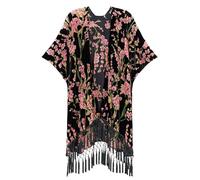 USHOWHEY Burnout Velvet Kimono Cardigan for Women with Tassels, Elegant flower pattern,1 Size Fits All,Christmas Shawl, Black Little Flower, One Size Fits All