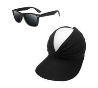 USHXVG 1 Beach Sun Hat, 1 Pair of Sunglasses, Foldable and Adjustable Sun Hat, Wide Brim Sun Hat, Women's Ponytail Hollow Top Hat, Summer Outdoor Sun Hat Black