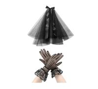 USHXVG 1 Black Veil, 1 Pair of Black Lace Gloves, Multi-layered Pompadour Veil, Bridal Veil, Church Dress Veil, Ribbon Bow Veil, Wedding Accessories