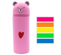 USHXVG 1 Piece Bear Pencil Case, 100 Pages Sticky Notes Soft Silicone Pencil Case, Cute Cartoon Bear Pen Holder, Practical Pen Case, Multifunctional Storage Box (Pink)