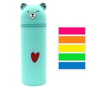 USHXVG 1 Piece Bear Pencil Case, 100 Pages Sticky Notes Soft Silicone Pencil Case, Cute Cartoon Bear Pen Holder, Practical Pen Case, Multifunctional Storage Box (Green)