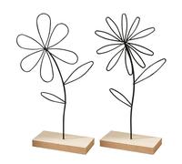 USHXVG 2 Pieces Flower Decoration, Wrought Iron Flower Decoration, Wrought Iron Home Decoration, Flower Decoration with Wooden Base, Simple Wrought Iron Flower, Suitable for Bedroom, Living Room