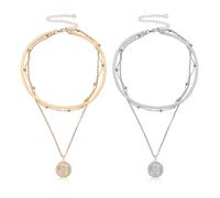 USHXVG 2 Pieces Multi-layered Necklaces, Women's Boho Fashion Jewelry, Elegant Stacked Chains, Clothing Accessories, Pendant Necklaces (Gold, Silver)