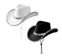 USHXVG 2 Pieces Western Cowboy Hats, Women's Cowboy Hats, Sequined Cowboy Hats, Silver Brimmed Cowboy Hats, Suitable for Musical Dance Party, Theme Party, Cosplay
