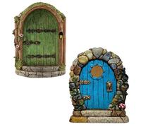 USHXVG 2 Pieces Wooden Fairy Door, Garden Fairy House, Fairy Door for Garden, Fairy Mini Door, Miniature Fairy Door, Gnome Door (Blue, Green)