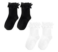 USHXVG 4 Pairs Women's Lace Socks, Ankle Socks, Ruffle Socks, Ballet Socks, Lace Bow Socks, Plain Breathable Cotton Socks (White, Black)