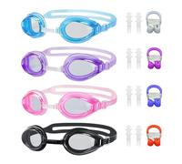 USHXVG 4-Piece Kids Swimming Goggles with 4 Sets of Nose Plugs and Ear Clips, Silicone Waterproof Goggles, Adjustable for Beach, Pool, Water Park (Multicolor)