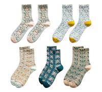 USHXVG 5 Pairs Women's Floral Socks - Long Knitted Summer Socks Set, Daisy Pattern, Calf Length, Cotton