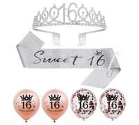 USHXVG 6 Piece 16th Birthday Accessories Set, Diamond Crown Headband, 16th Birthday Belt, Rose Gold Balloons
