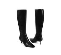 USIMAD Knee High Boots for Women Comfortable Pointed Toe Tall Boots Wide Calf Kitten Heel Stretch Boots with Side Zipper, Black, 2.5 UK