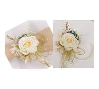 USIX 2pc Pack-Handmade Artificial Flower Rose with Gold Leaves Ribbons Artificial Pearls Wrist Corsage & Men's Lapel Boutonniere Pin Combo Set Package for Wedding Party Prom Homecoming (Corsage Pack)