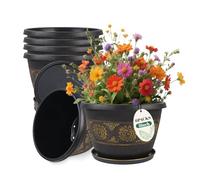 Usocik 6 Pack 8 inch Plant Pots, Retro Pattern Planters with Drainage Holes and Saucer, Sturdy Plastic Garden Flower Pots for Indoor & Outdoor Plants