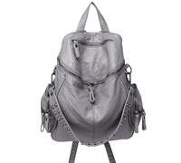 USOHJZ Pu Leather Student Backpack Soft Bag Large Capacity Ladies Backpacker Bags(Grey)