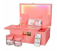 Usoway Bamboo Storage Box With Colored LED Lights - 358 Kinds Cool Light Effects, Premium Decorative Wooden Box With Combination Lock, Storage Box Set With Sliding Tray and Accessories (pink)