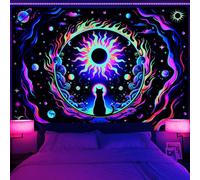 Uspring Blacklight Cat UV Reactive Moon and Star Psychedelic Neon Solar Eclipse Wall Tapestry for Bedroom Livingroom Home Decor (70.9 x 92.5 inches)