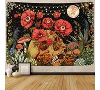 Uspring Skull Floral Tapestry Flowers Skeleton Tapestry Moon Garden Tapestry Mushroom Plants Tapestry Trippy Vintage Tapestry Wall Hanging for Room (59.1 × 59.1 inches)
