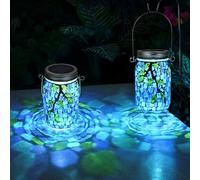 Uspring Stained Glass Mosaic Solar Lanterns Outdoor Waterproof Garden Decor Hanging Solar Jar Lights Gifts for Women Mom Grandma Handmade Outdoor Lantern Lamp for Patio Porch Yard Balcony Table Decor