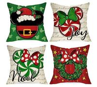 Ussap Merry Christmas Decorative Throw Pillow Covers 16 x 16 Set of 4, Xmas Candy Wreath Red Green Bow Cushion Case Decor, Noel Joy Winter Holiday Farmhouse Home Sofa Couch Decoration