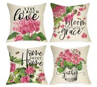 Ussap Pink Geranium Flower Decorative Throw Pillow Covers 18x18 Set of 4, Sweet Home Floral Mason Jar Spring Summer Cushion Case Decor, Bloom with Grace Live Laugh Love Home Decoration for Sofa Couch