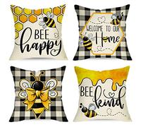 Ussap Summer Bumble Bee Happy Bee Kind Decorative Throw Pillow Covers 18 x 18 Set of 4, Spring Black White Buffalo Plaid Honey Cushion Case Decor, Welcome to Our Home Farmhouse Decoration