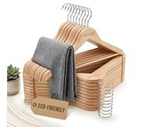 USTECH Bowed Shaped Eco-Friendly Closet Hanger with Trouser Bar for Suit, Coat, and Pant | Wood Finish Heavy Duty Clothes Hanger with Shoulder Notch to Hold Strappy Dresses | Pack of 30