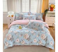 USTIDE 3-Piece King Duvet Cover Set, 100% Cotton Farmhouse Bedding with Blossom Floral Pattern in Blue & Pink, Shabby Chic Style