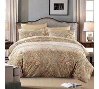 USTIDE 4-Piece Luxury Gold Paisley Bedding Set Duvet Cover, Fitted Sheet and 2 Pillowcase Bed Set 100% Cotton Bedding Set with Hidden Zipper Double