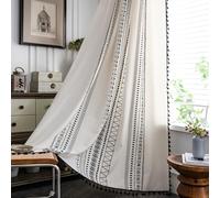 USTIDE Beige Boho Curtains Semi-Blackout Curtains with Tassels 1 Pack Soft Cotton Linen Geometric Curtains for Living Room Bedroom Kitchen Farmhouse Room Decor Rod Pocket, 59" x 86"