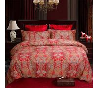 USTIDE Boho Bedding Sets King Bohemia Style 3Pcs Damask Duvet Cover Double Side Red Paisley Pattern Bedding 100% Egyptian Cotton 800 Thread Count Red and Gold King Size