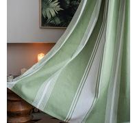 USTIDE Boho Curtains for Bedroom Semi Blackout Cotton Linen Bohemian Curtain Green Stripe Farmhouse Window Curtain Panel Rod Pocket Style Drapes, 1 Panel, W59 x L86